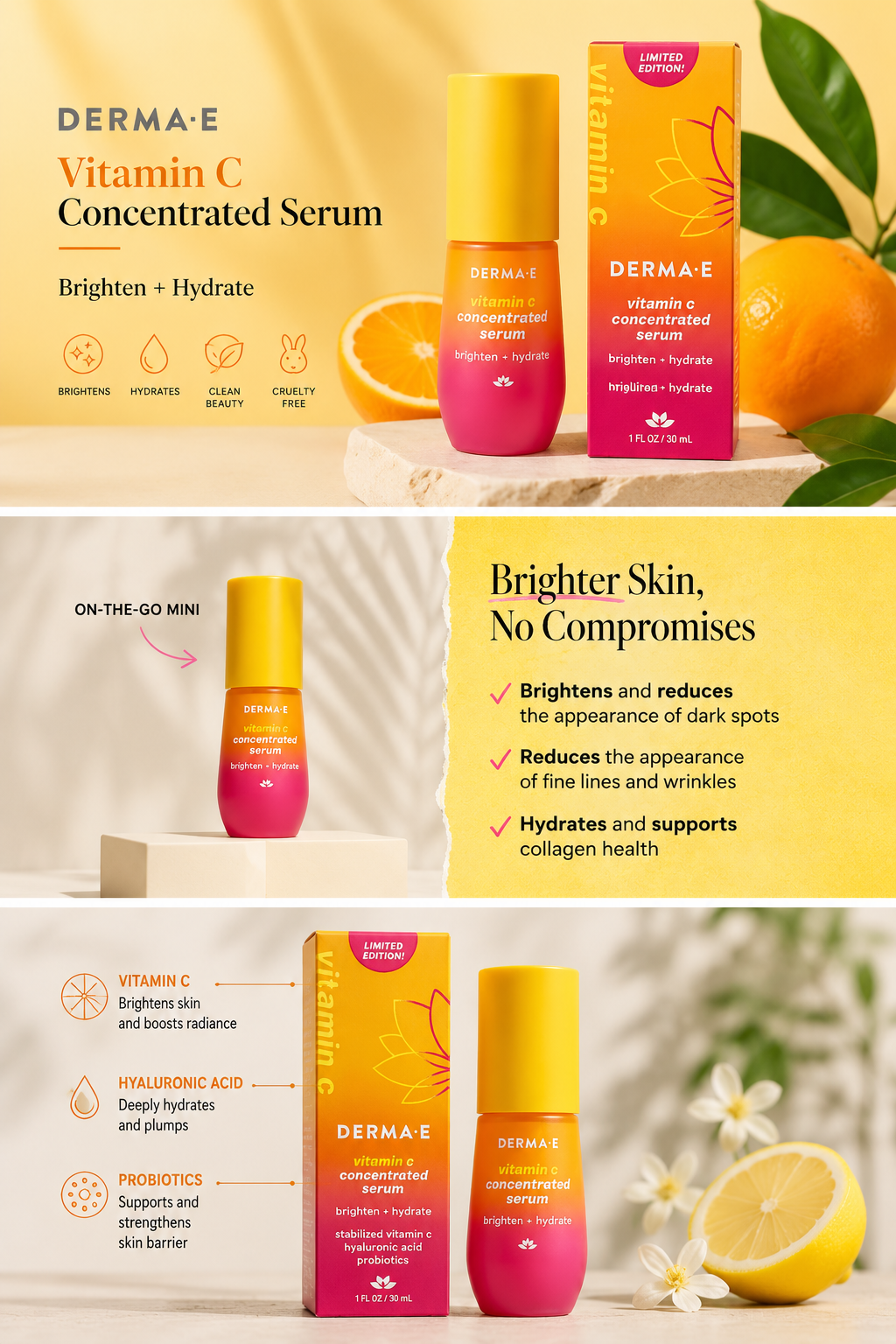 DERMA E Vitamin C Concentrated Serum – Brightening & Hydrating Facial Serum (1 fl oz / 30 mL)