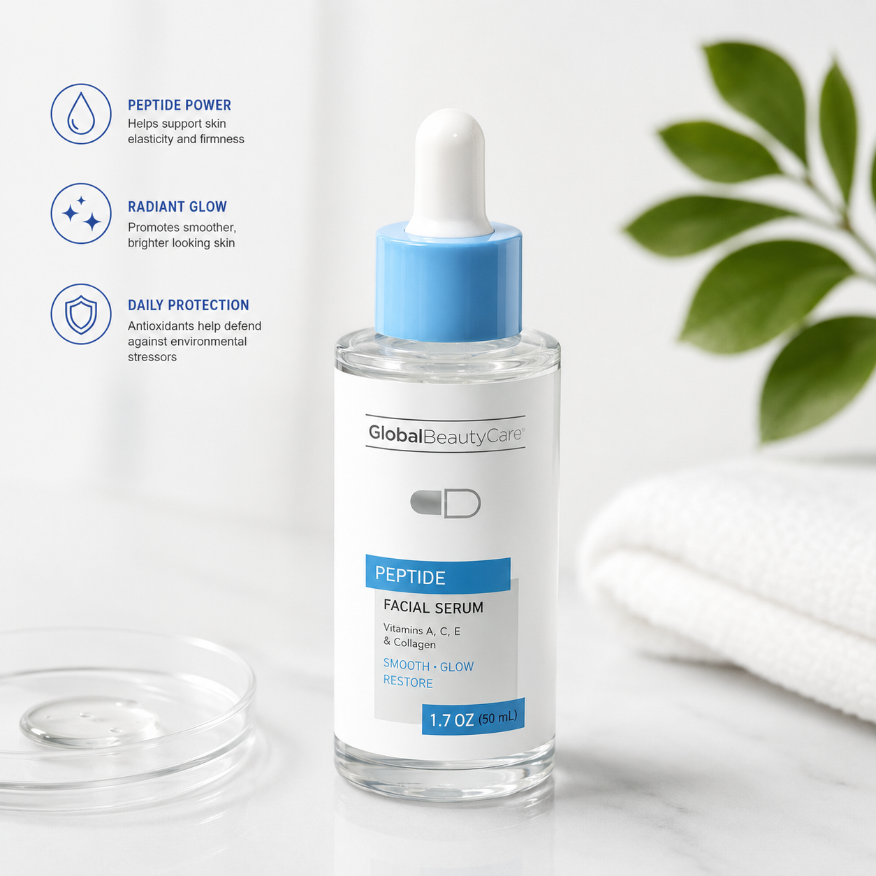 Global Beauty Care Peptide Facial Serum with Vitamins A, C, E & Collagen – Smoothing, Hydrating & Radiance-Boosting Face Serum, 1.7 oz